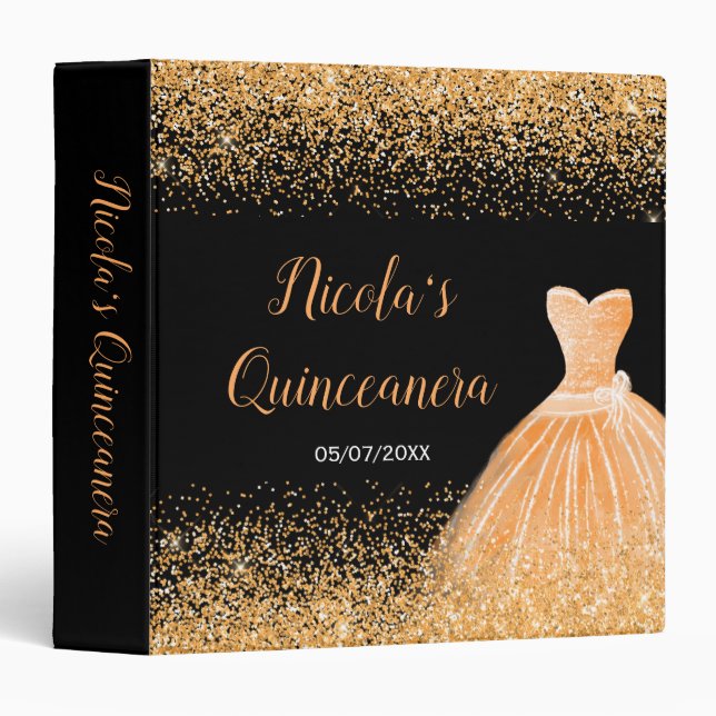 Peach Orange Dress Faux Glitter Quinceanera Album 3 Ring Binder (Front/Spine)