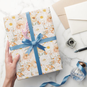 Peach Orange Flowers Birthday Wrapping Paper
