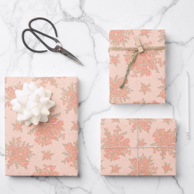 Peach Orange Flowers Floral Wrapping Paper Sheets (Front)