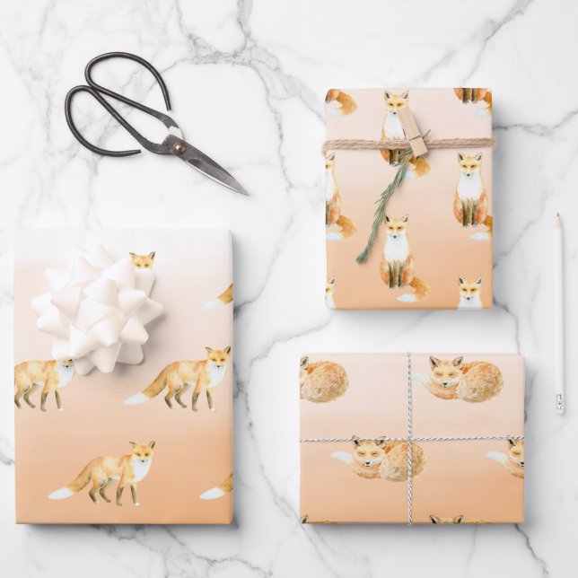 Peach Orange Foxes Wrapping Paper Sheets (Front)