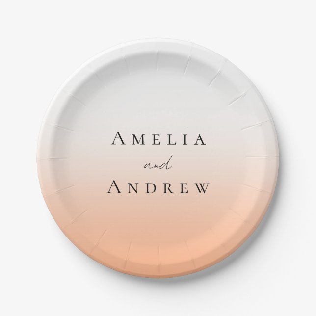Peach Orange Fuzz Elegant Modern Wedding Paper Plates (Front)