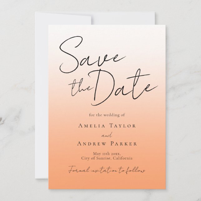 Peach Orange Fuzz Elegant Script Modern Minimalist Save The Date (Front)