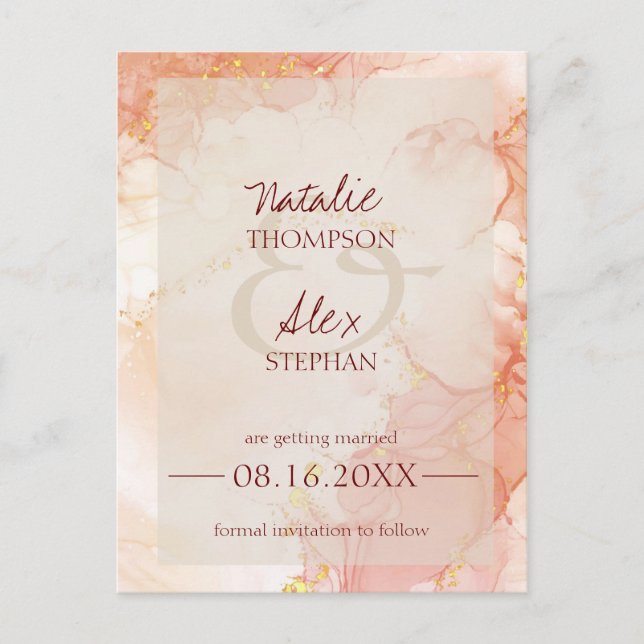 Peach Orange Gold Marble Effect Elegant Wedding  Announcement Postcard (Front)