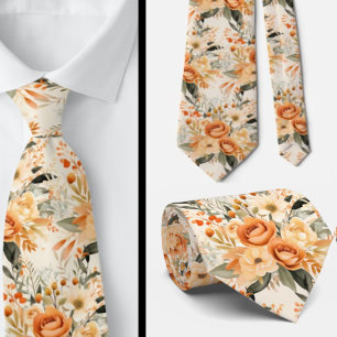 Peach Orange Gold Roses Flowers Floral Neck Tie