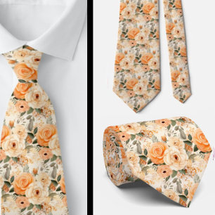 Peach Orange Gold Roses Flowers Floral Neck Tie