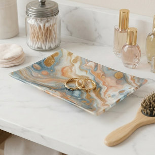 Peach Orange Gray Blue White Gold Marble Pattern Trinket Tray