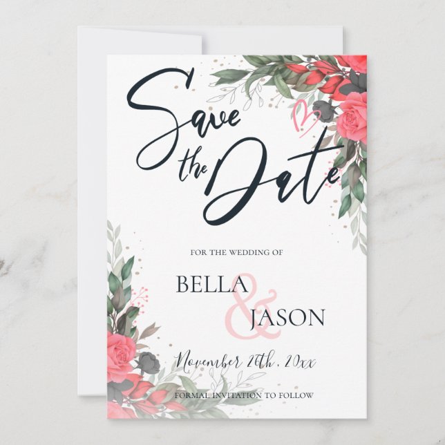 Peach Orange Gray Floral Wedding Save The Date (Front)