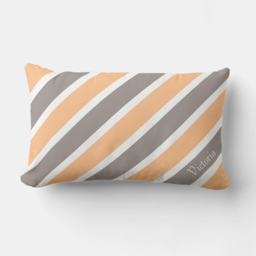 Peach Orange Gray Stripes with Name Lumbar Pillow