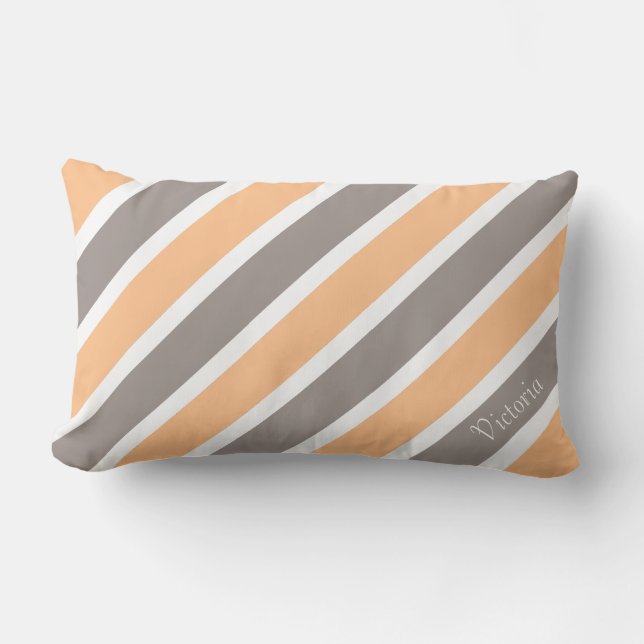 Peach Orange Gray Stripes with Name Lumbar Pillow (Front)