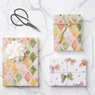 Peach Orange Green Yellow Blush Pink Bows Birthday Wrapping Paper Sheets