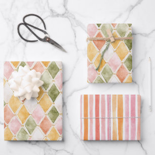 Peach Orange Green Yellow Blush Stripes Birthday Wrapping Paper Sheets
