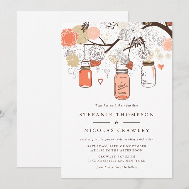 Peach Orange Hanging Mason Jars Wedding Invitation (Front/Back)