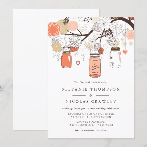 Peach &amp; Gold Mason Jars Spring Wedding Invitation