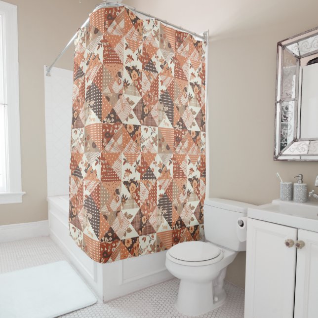 Peach Orange Patchwork Quilt Rustic Floral Retro  Shower Curtain (In Situ)