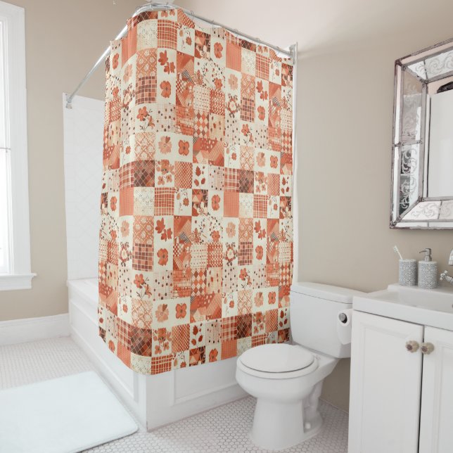 Peach Orange Patchwork Quilt Rustic Floral Retro  Shower Curtain (In Situ)