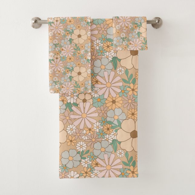 Peach Orange Pink Gray Floral Bath Towel Set (Insitu)