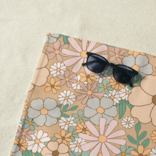 Peach Orange Pink Gray Floral Beach Towel