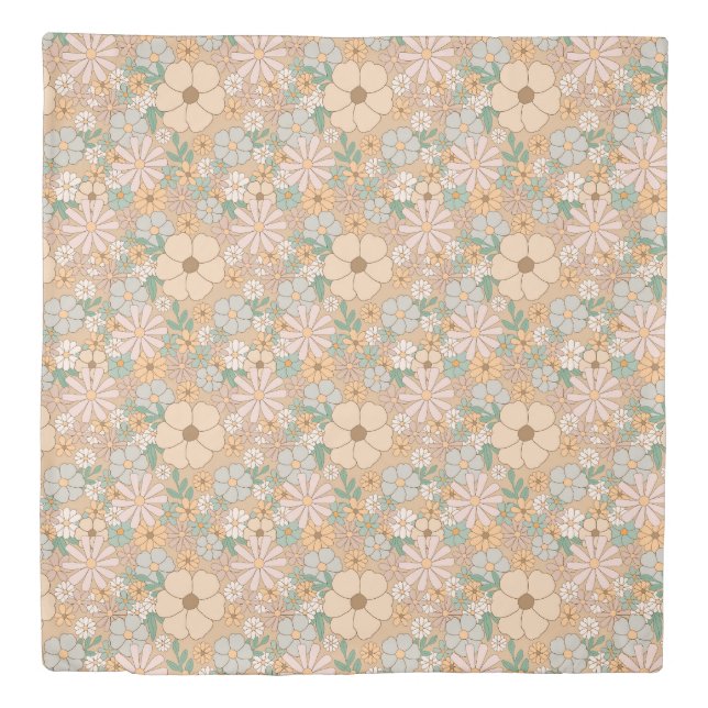 Peach Orange Pink Gray Floral Duvet Cover (Front)