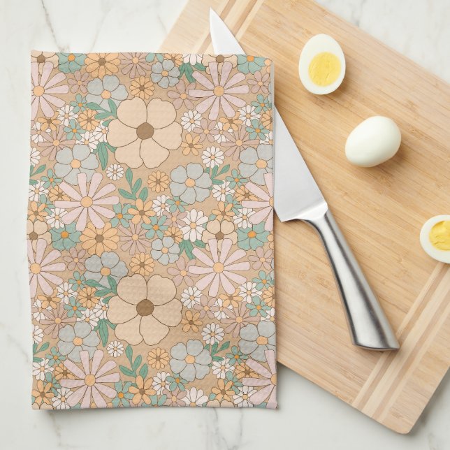 Peach Orange Pink Gray Floral Kitchen Towel (Quarter Fold)