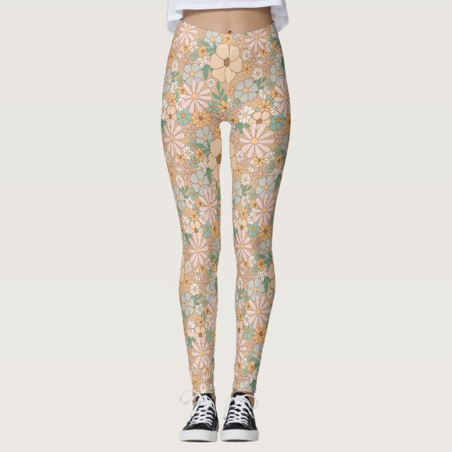 Peach Orange Pink Gray Floral Leggings (Front)