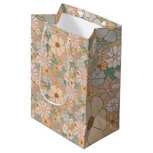 Peach Orange Pink Gray Floral Medium Gift Bag