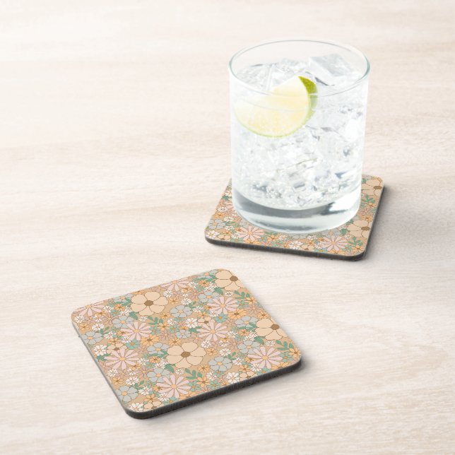 Peach Orange Pink Gray Floral, Plastic  Beverage Coaster (Right Side)