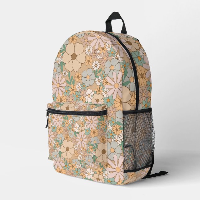 Peach Orange Pink Gray Floral Printed Backpack (Back Corner Right)
