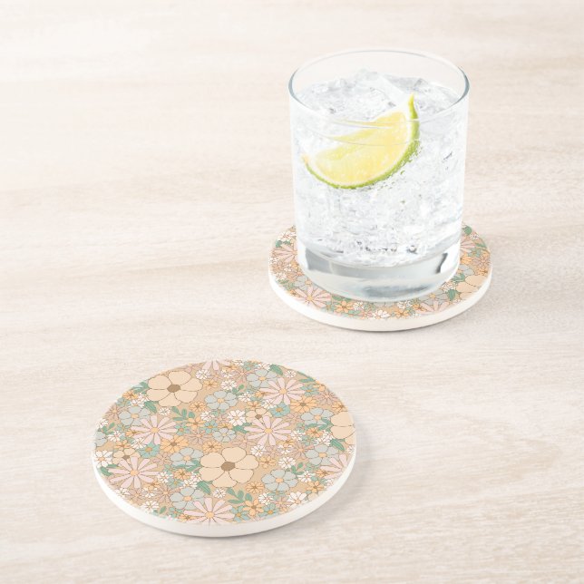 Peach Orange Pink Gray Floral sandstone Coaster (Side)