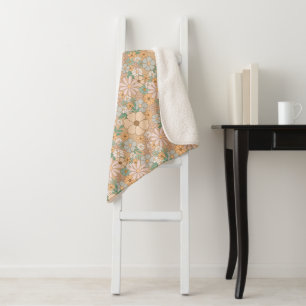 Peach Orange Pink Gray Floral Sherpa Blanket