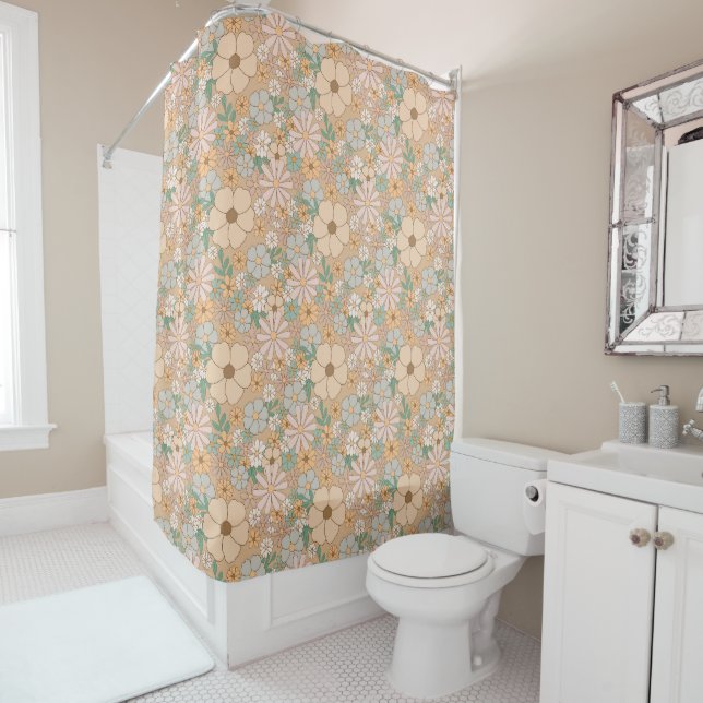 Peach Orange Pink Gray Floral Shower Curtain (In Situ)