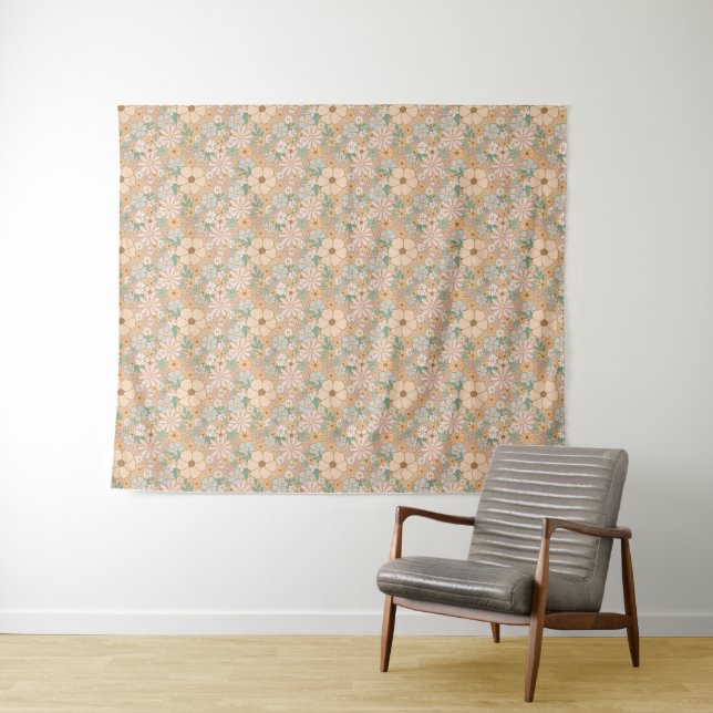 Peach Orange Pink Gray Floral Tapestry (In Situ (Horizontal))