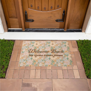 Peach Orange Pink Gray Floral, Welcome Doormat