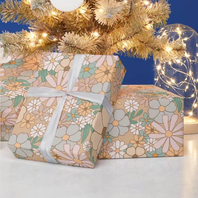 Peach Orange, Pink Gray, Floral, Wrapping Paper (Holidays)