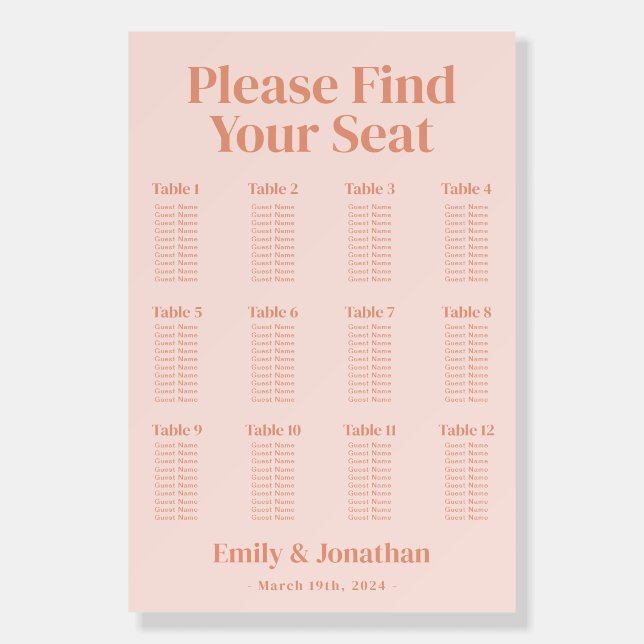 Peach Orange Retro Boho Wedding Seating Chart Foam Board (Front)