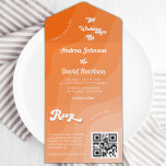 Peach Orange Retro Wave Groovy 70s QR Code Wedding All In One Invitation<br><div class="desc">Surprise your loved ones with this modern,  trendy invitation,  featuring retro orange waves,  70s typography and custom text. Easily add your own details by clicking on the "personalize" option.</div>