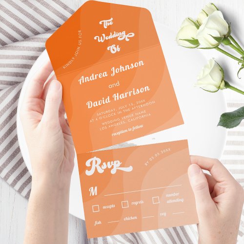 Peach Orange Retro Waves 70s Typography Wedding All In One Invitation