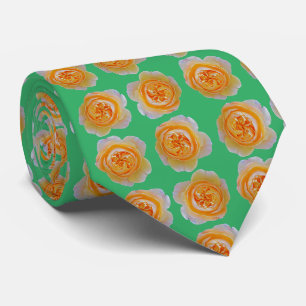 Peach Orange Rose Elegant Repeating Pattern Green Neck Tie