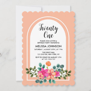 Peach Orange Spring Flora Greenery 21st Birthday Invitation