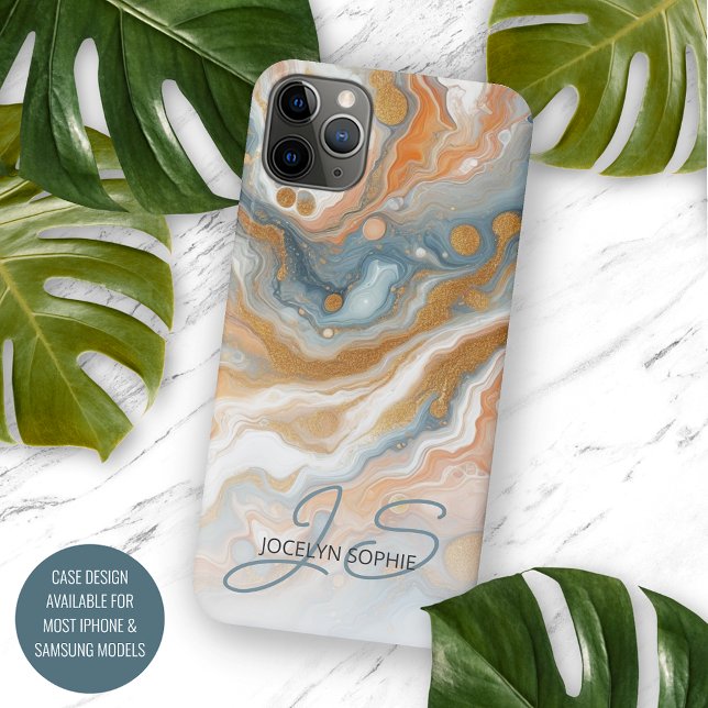 Peach Orange Teal Blue Gold Marble Art Pattern iPhone Case (Creator Uploaded)