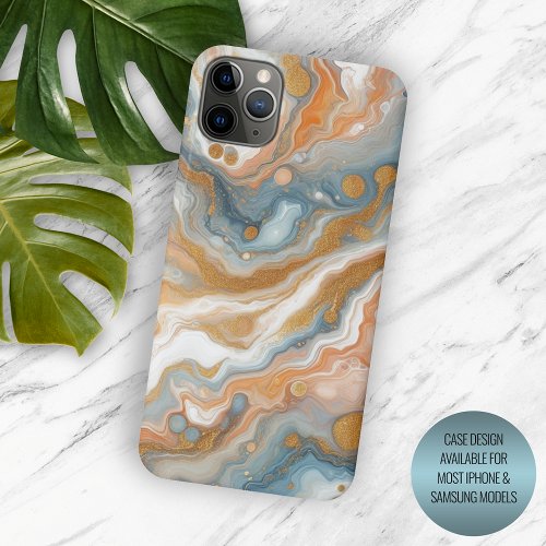 Peach Orange Teal Blue White Gold Marble Pattern iPhone 15 Pro Max Case