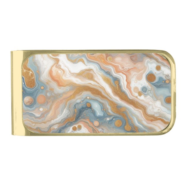 Peach Orange Teal Blue White Gold Marble Pattern Gold Finish Money Clip (Front)