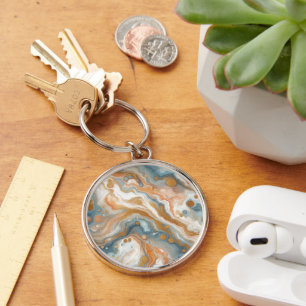 Peach Orange Teal Blue White Gold Marble Pattern Keychain