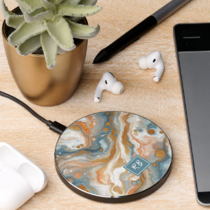 Peach Orange Teal Blue White Gold Marble Pattern Wireless Charger