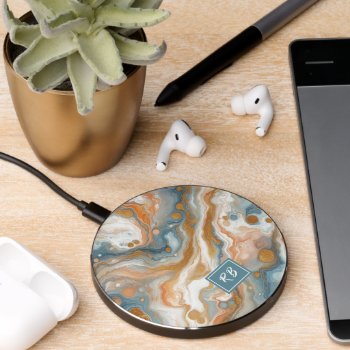 Peach Orange Teal Blue White Gold Marble Pattern Wireless Charger by CaseConceptCreations at Zazzle