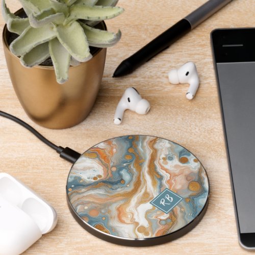 Peach Orange Teal Blue White Gold Marble Pattern Wireless Charger