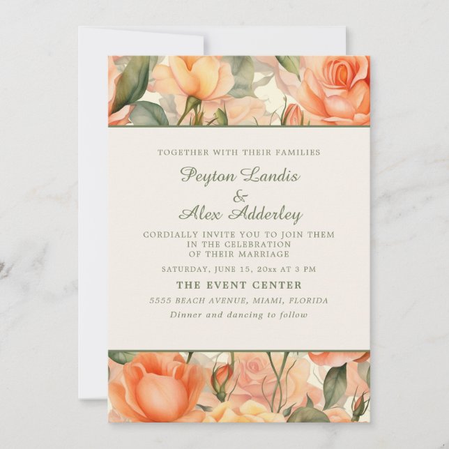 Peach Orange Watercolor Floral Cream Wedding Invitation (Front)