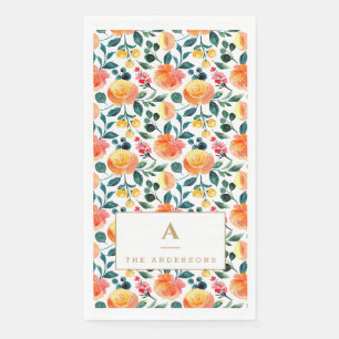Peach Orange Watercolor Floral Monogram Family Paper Guest Towels