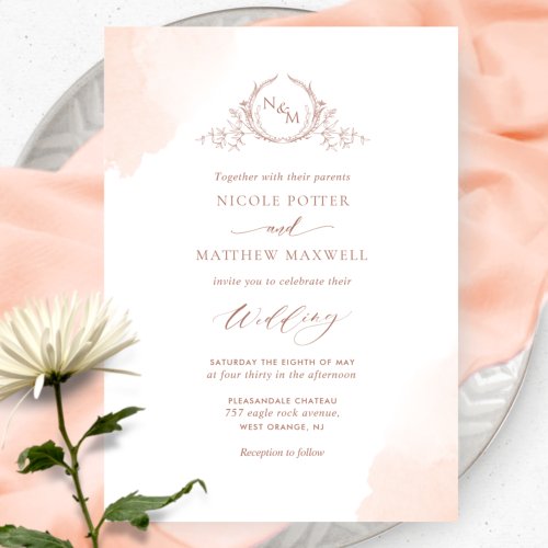 Peach Orange Watercolor Stains Monogram Wedding Invitation