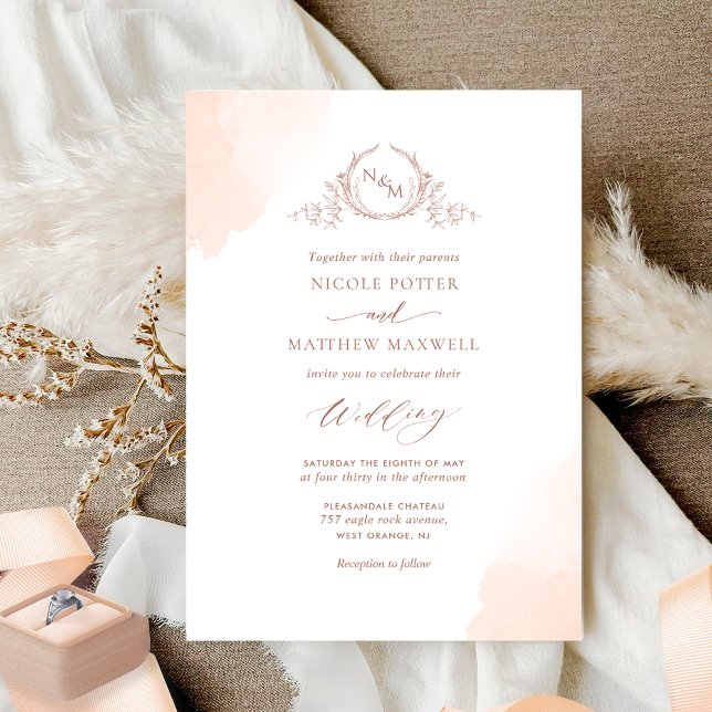 Peach Orange Watercolor Stains Monogram Wedding Invitation (Creator Uploaded)