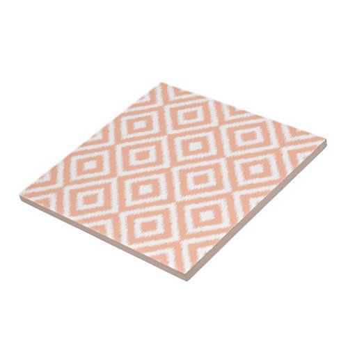 Peach Orange White Ikat Mosaic Art Pattern Ceramic Tile